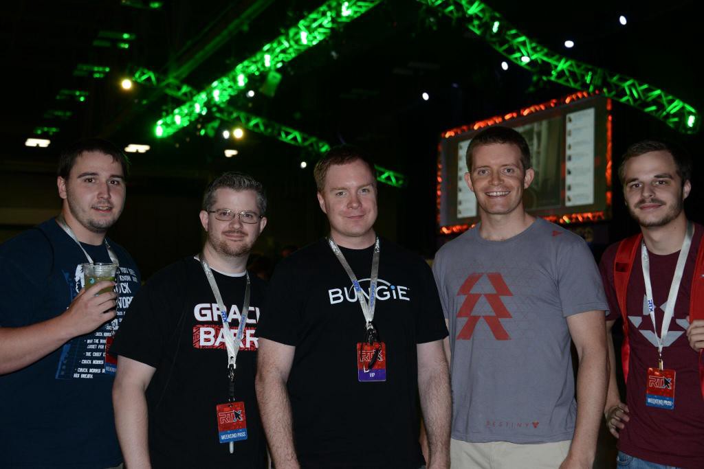 5 absolute gamers posing for a photo at Rooster Teeth Expo in 2014
